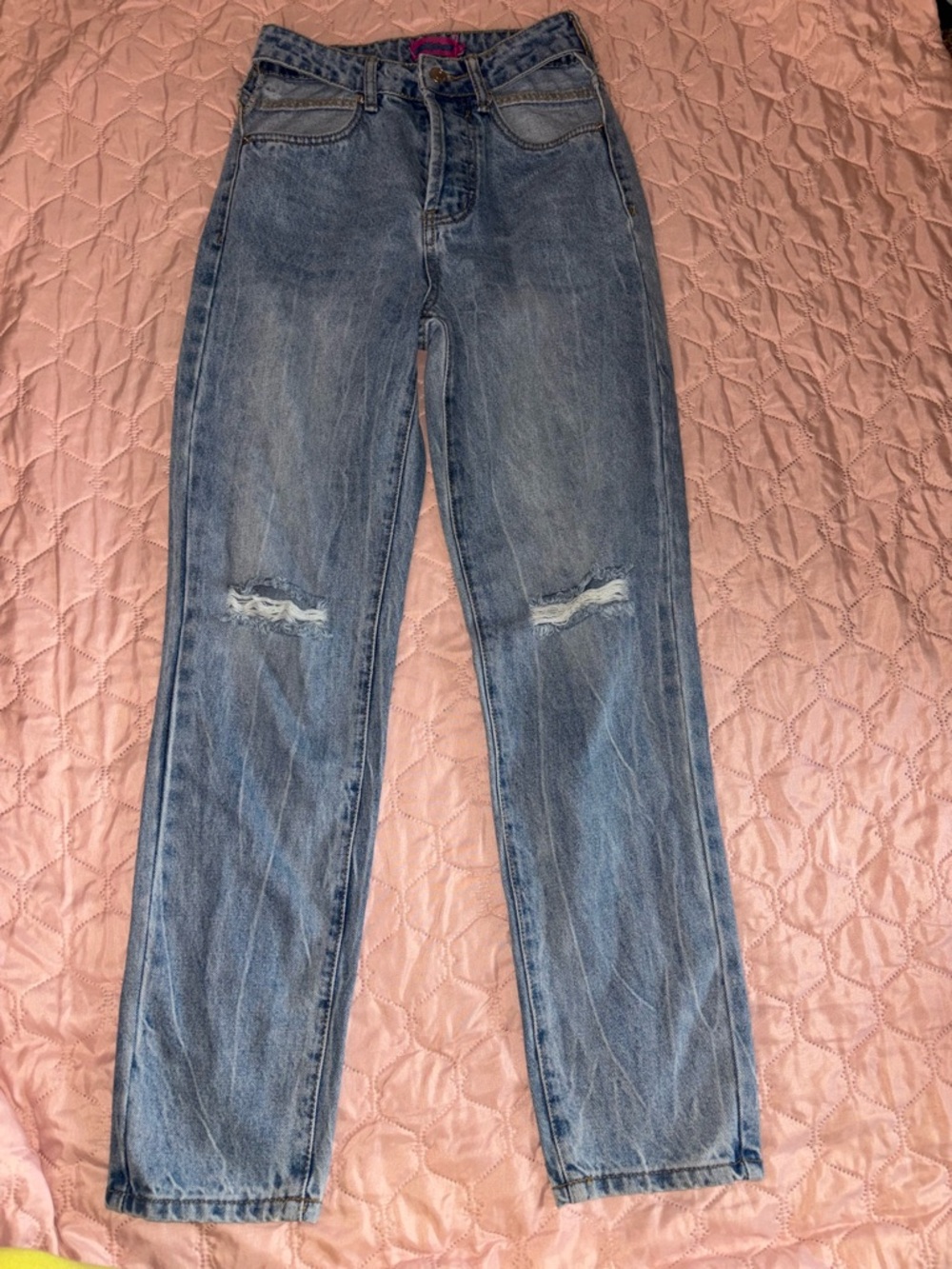 Edikted Light Blue Straight Leg Distressed Jeans